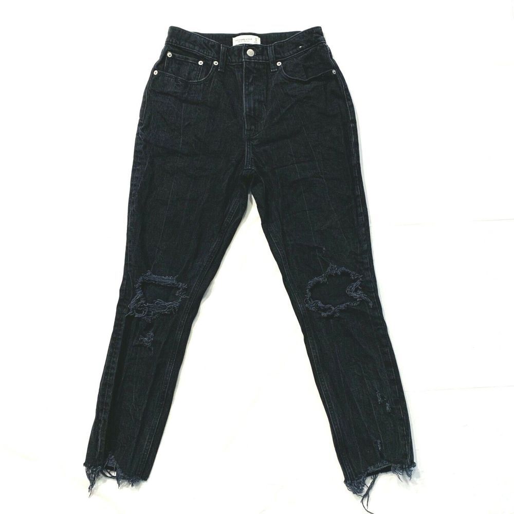 Abercrombie Fitch High Rise Mom‎ Jeans Stretch Destroyed Raw Hem Black 27/4 NWOT